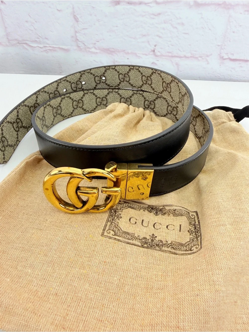 Gucci Gg Supreme Marmont Reversible Belt Monogram Black 80/32